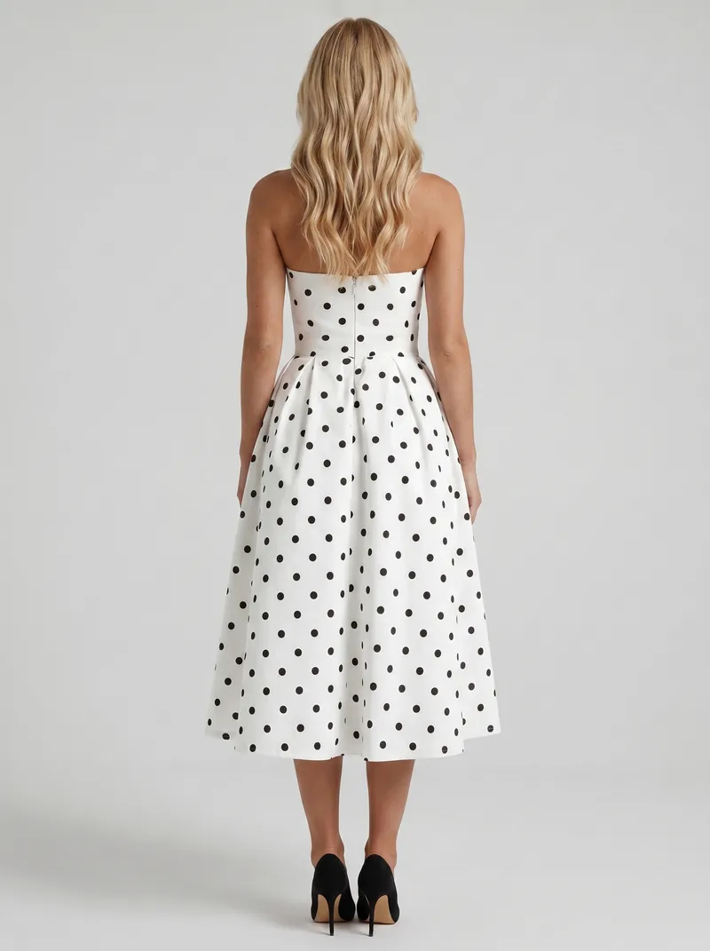 Audrey Strapless Pleated A Line Midi Dress - Black Polka Dot