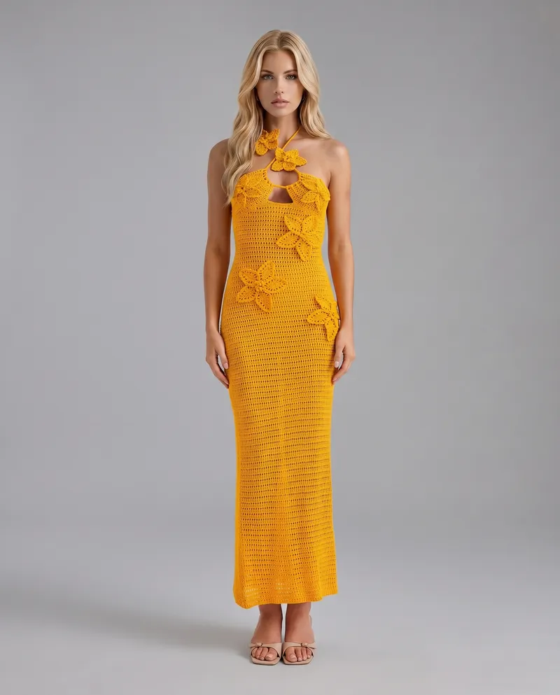 Kyla Crochet Halter Maxi Dress - Orange