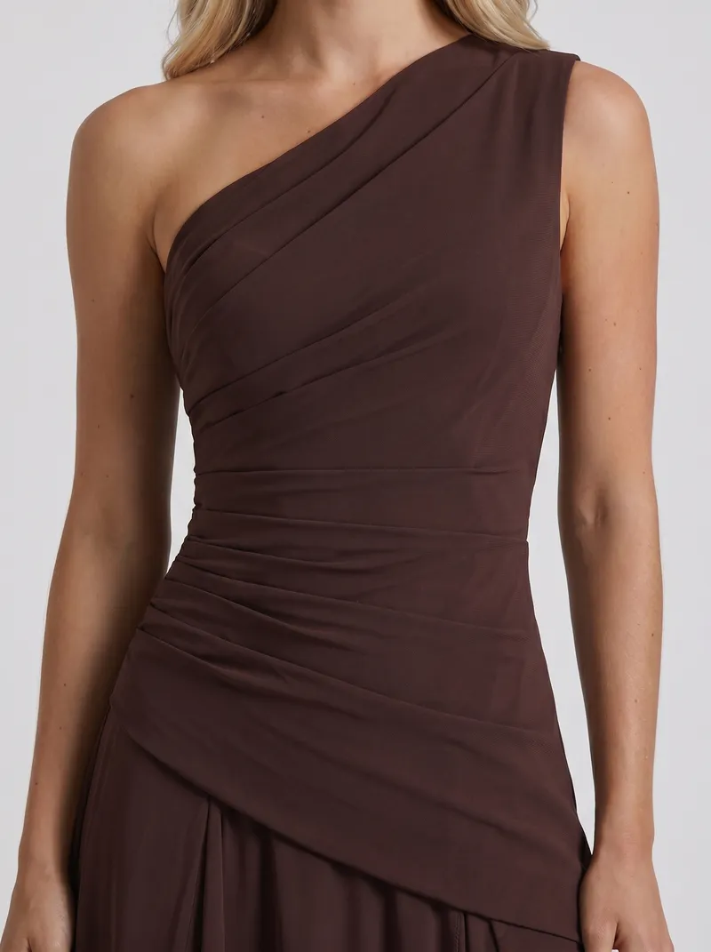 Delphine One Shoulder Ruched Mesh Maxi Dress - Plum Brown