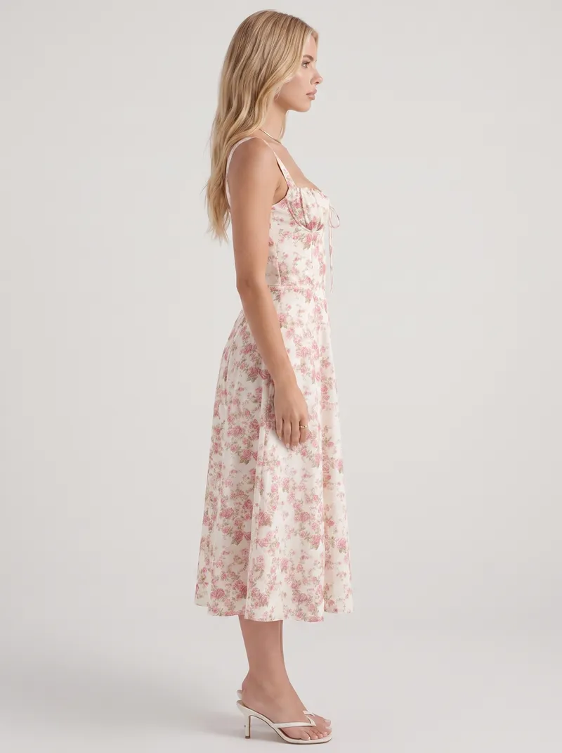 Sabine Toile Print Puff Sleeve Midi Dress - Light Pink