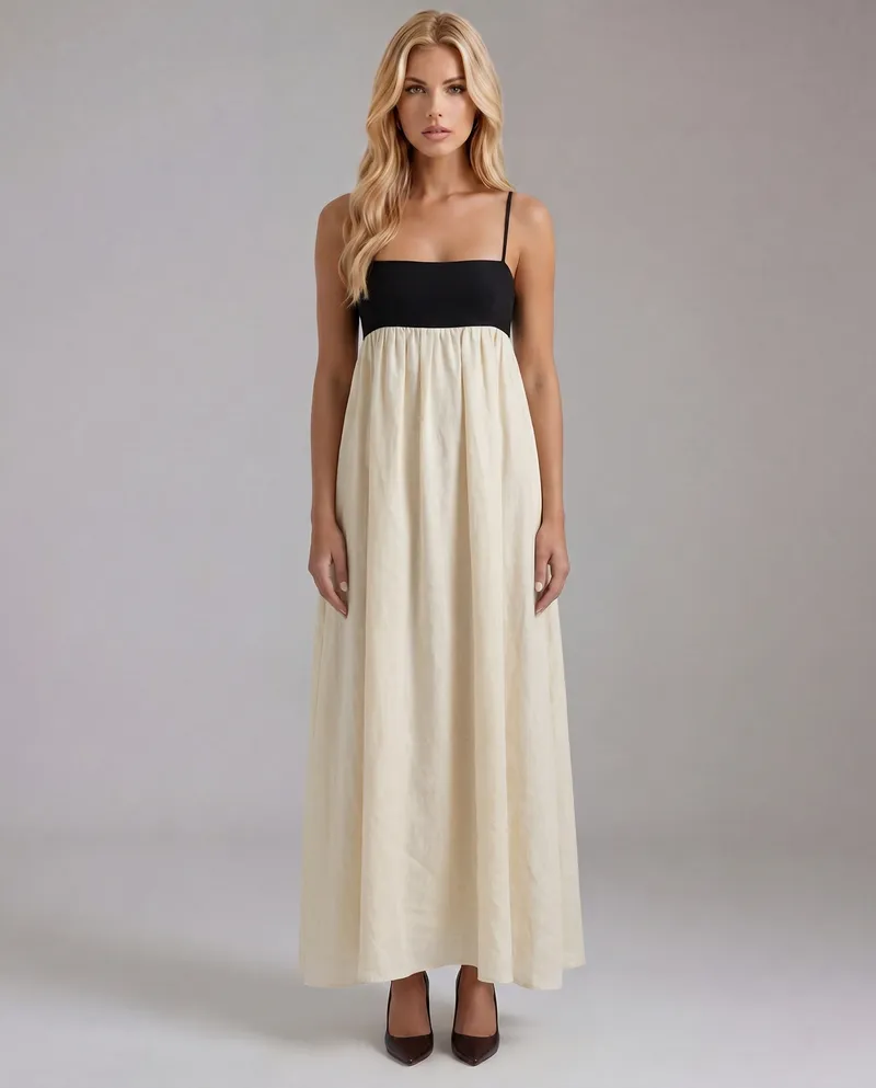Aria Patchwork Slip Maxi Dress - Black & White