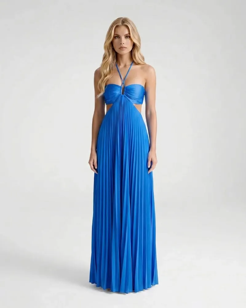 Aurora Pleated Cutout Maxi Dress - Blue