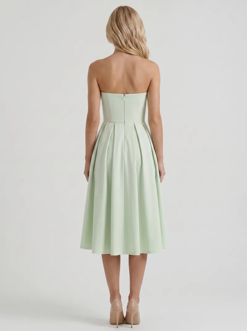Audrey Strapless Pleated A Line Midi Dress - Mint