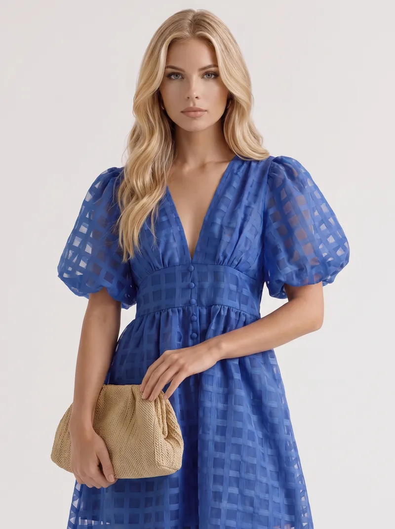 Colette Windowpane Midi Dress - Blue