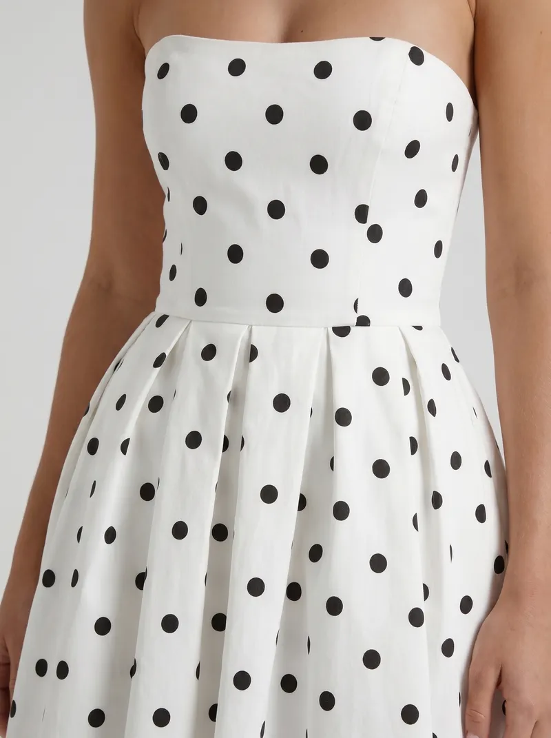 Audrey Strapless Pleated A Line Midi Dress - Black Polka Dot