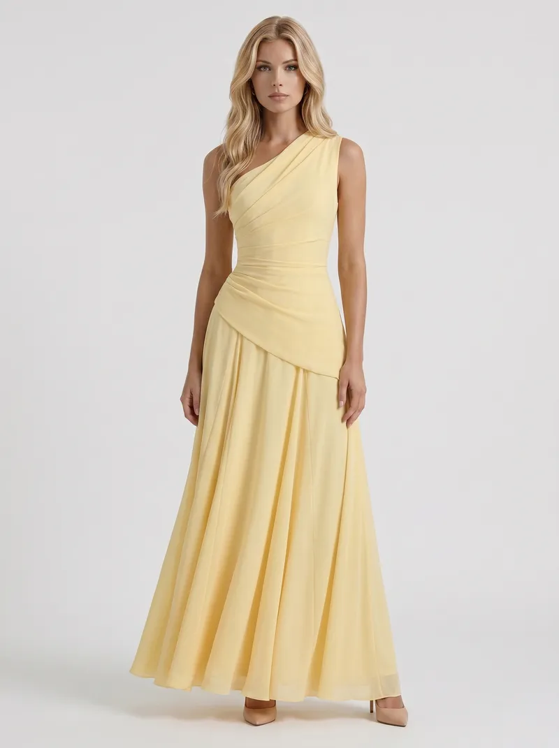 Delphine One Shoulder Ruched Mesh Maxi Dress - Lemon