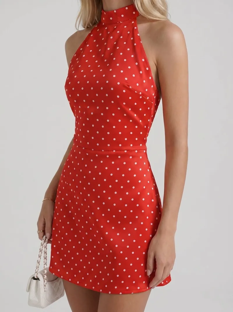 Layla High Neck Halter Polka Dot Mini Dress - Red
