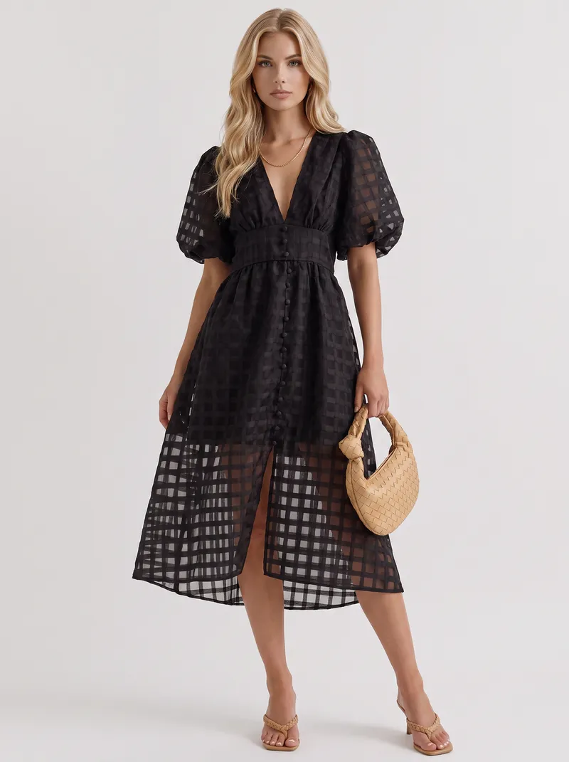 Colette Windowpane Midi Dress - Black