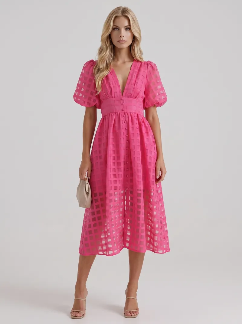 Colette Windowpane Midi Dress - Pink