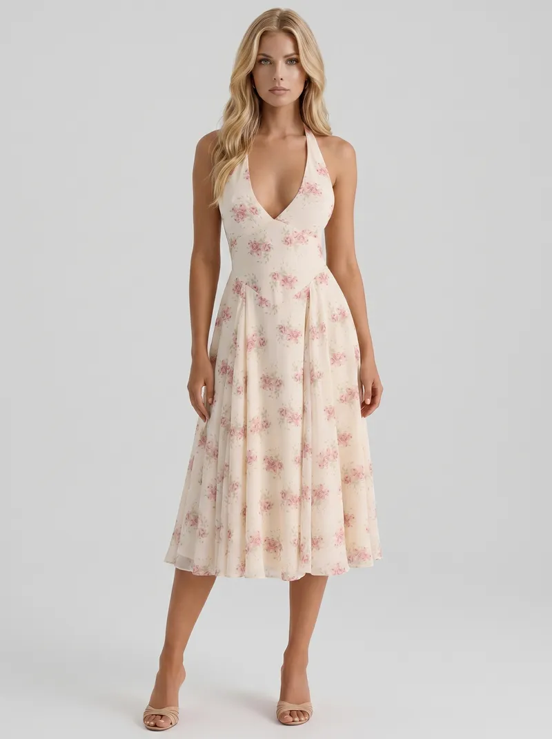Camelia Halter Neck Georgette Midi Dress - Cream Floral