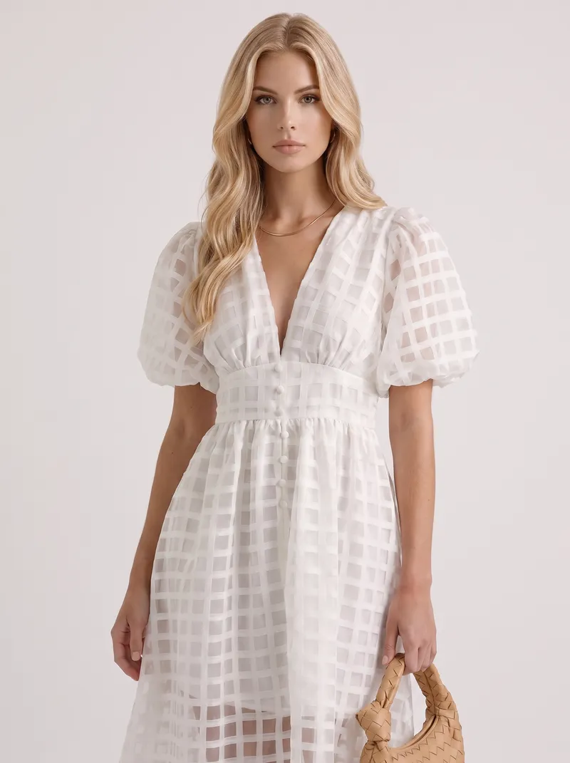 Colette Windowpane Midi Dress - White