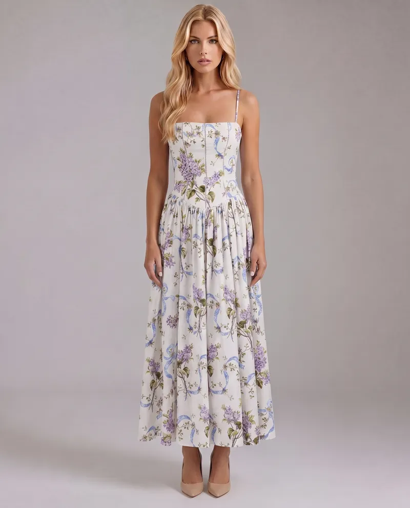 Cielle Floral Midi Dress - Lilac Garden