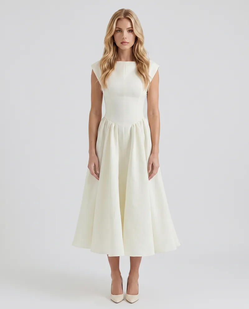 Anna Flare Midi Dress - White