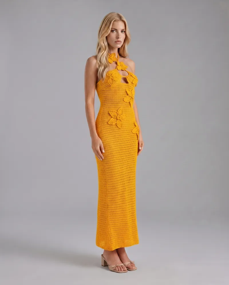 Kyla Crochet Halter Maxi Dress - Orange
