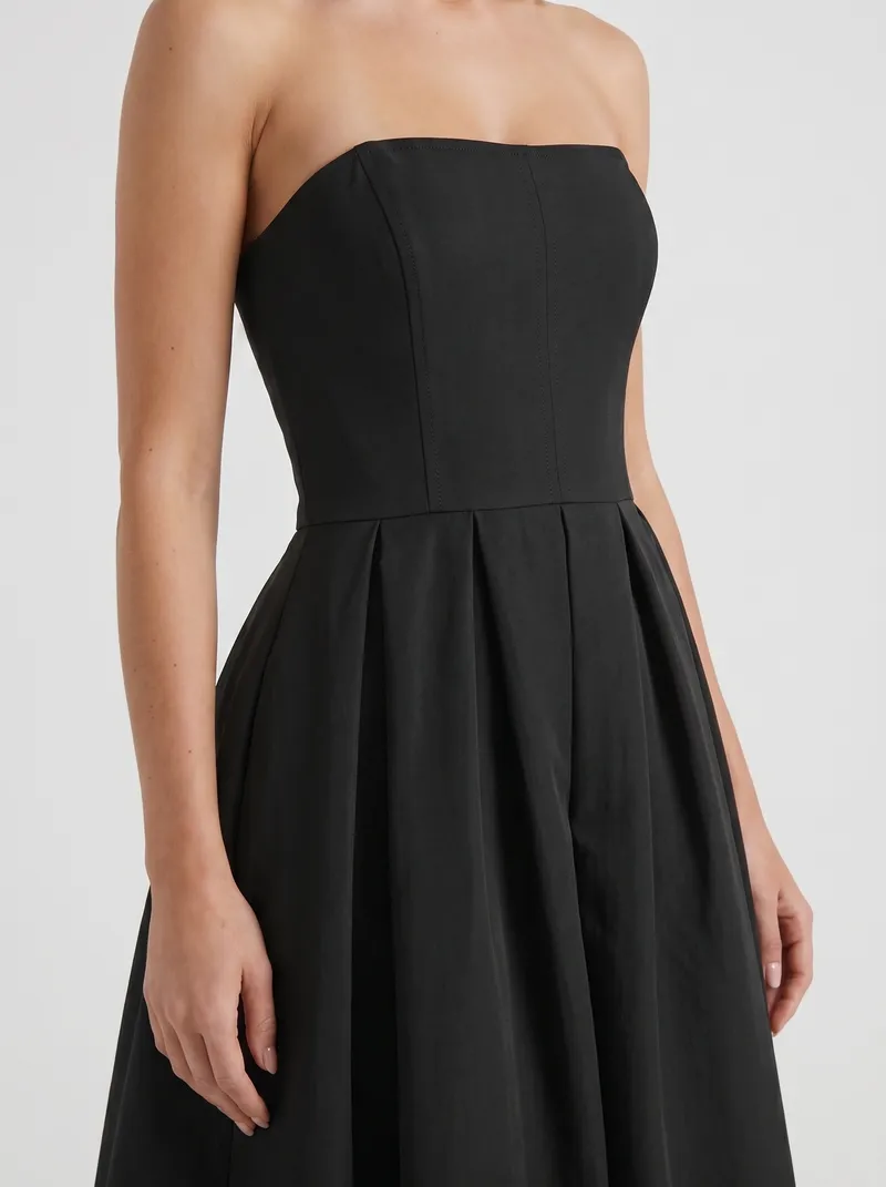Audrey Strapless Pleated A Line Midi Dress - Black