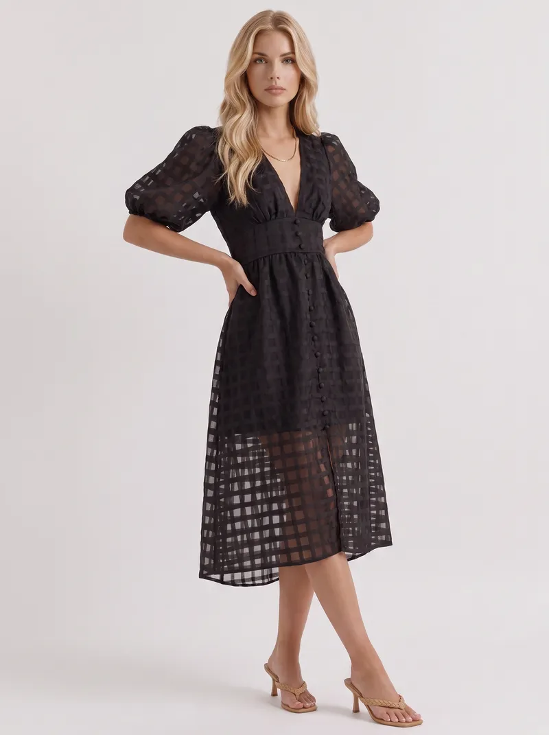 Colette Windowpane Midi Dress - Black