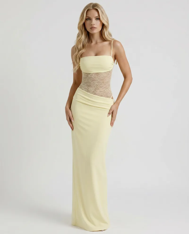 Maren Lace Panel Bodycon Maxi Dress - Yellow