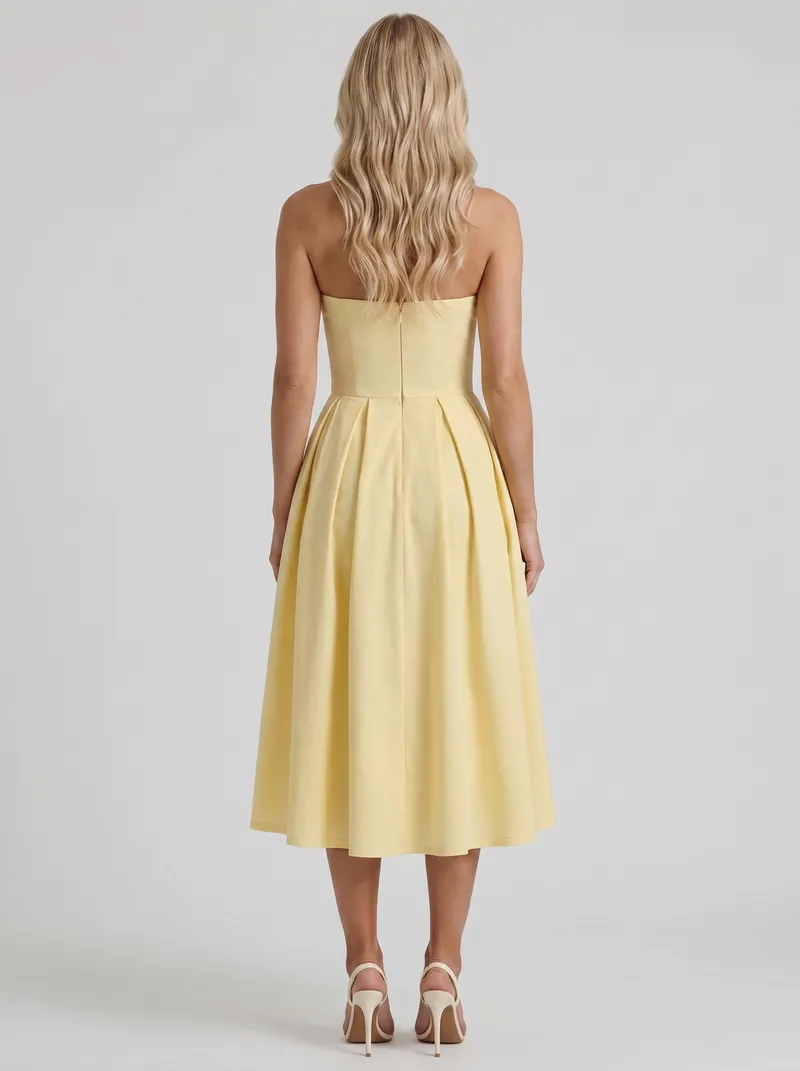 Audrey Strapless Pleated A Line Midi Dress - Lemon