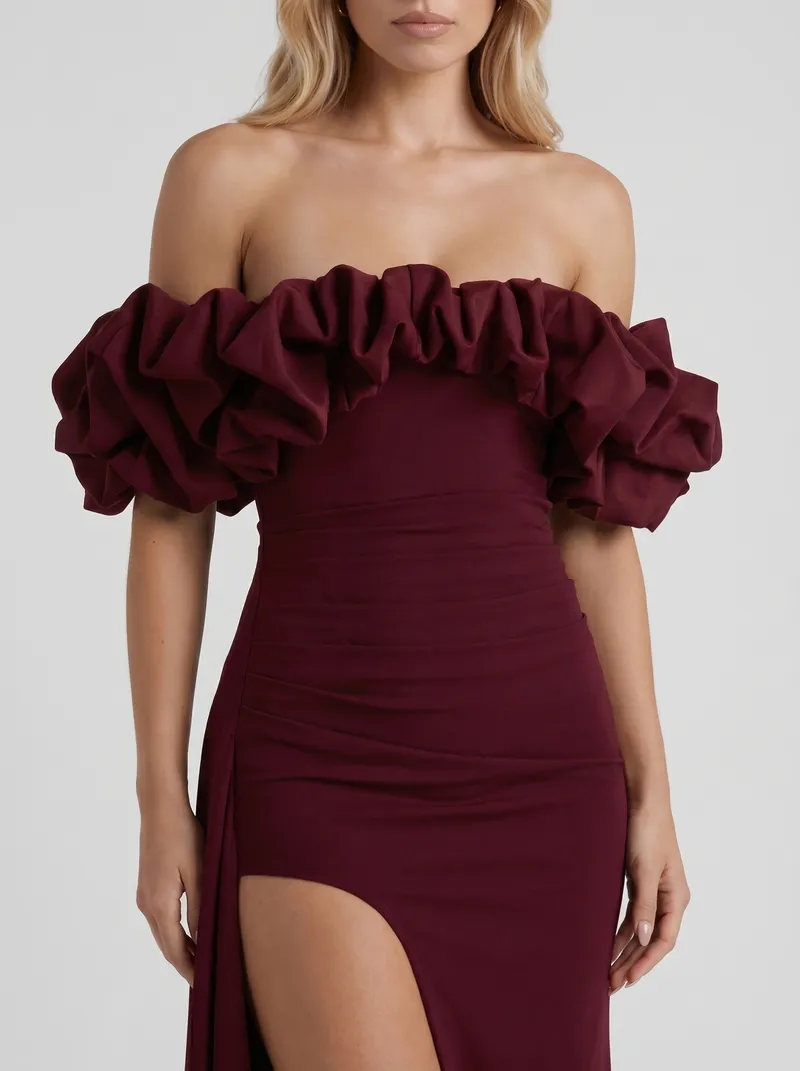 Mira Off Shoulder Ruffle Bardot Bodycon Maxi Dress - Cherry Red