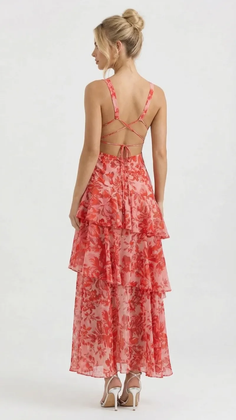 Penelope Ruffle Maxi Dress - Red