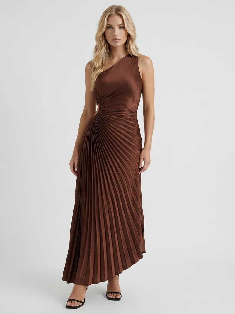 Opaline One Shoulder Sunray Pleated Maxi Dress - Chocolate