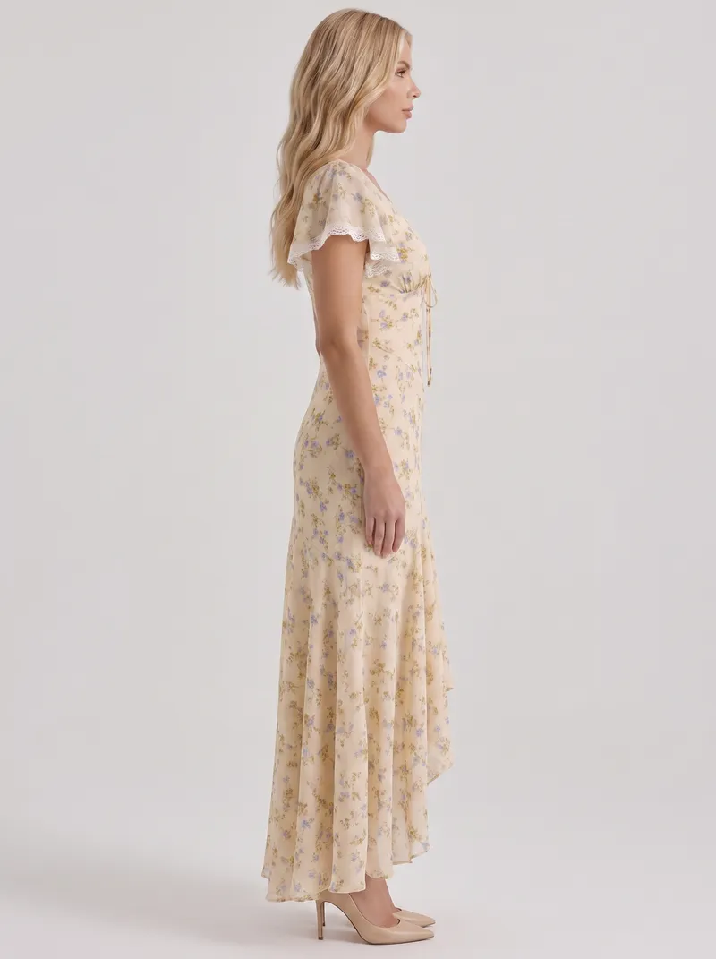 Amina Floral V Neck Maxi Dress - Buttercream Yellow