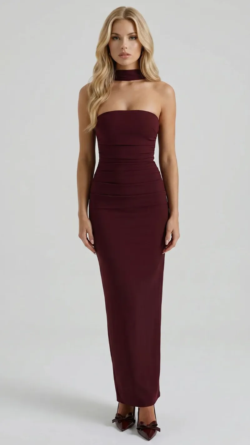 Francisca Bandage Mesh Sash Maxi Dress - Burgundy
