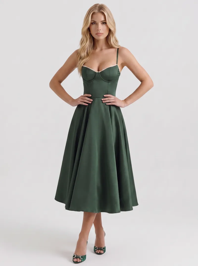 Estelle Sweetheart Corset Midi Dress - Forest Green