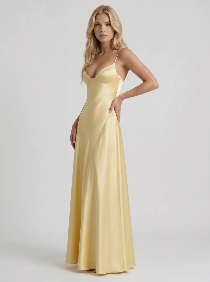 Adelaide V Neck Satin A Line Maxi Dress - Lemon