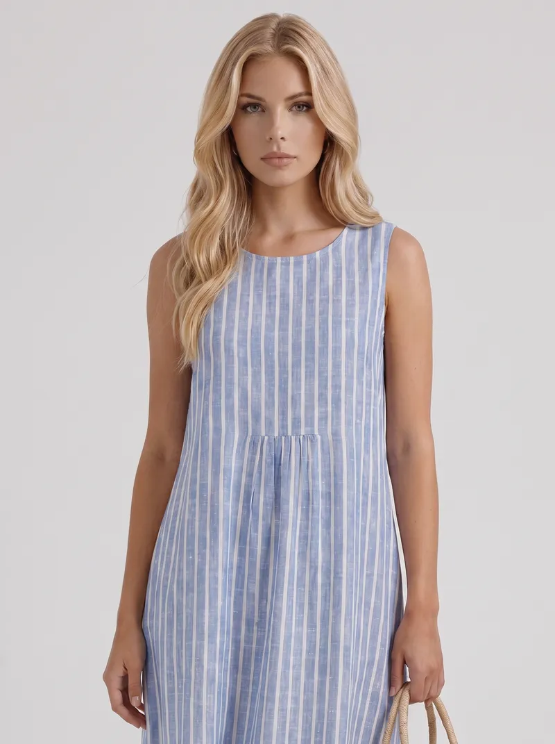 Elara Printed Midi Dress - Light Blue Stripe