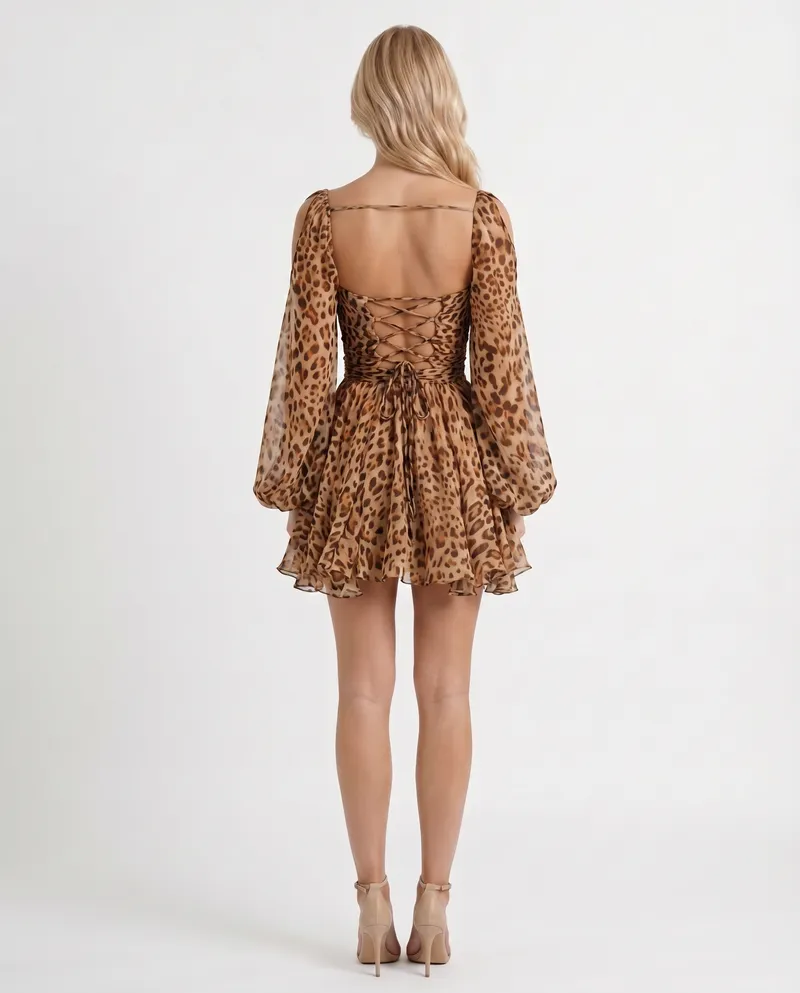 Elda Ruffle Mini Dress - Brown