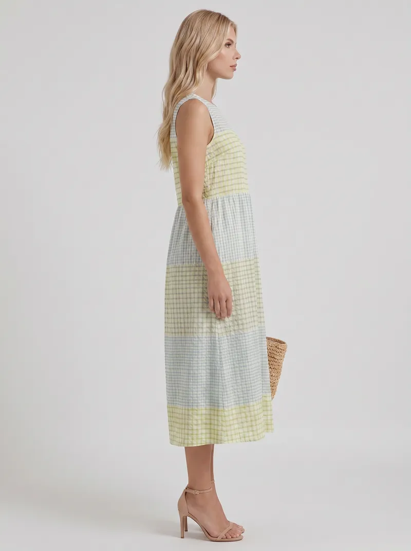 Elara Printed Midi Dress - Yellow Gingham