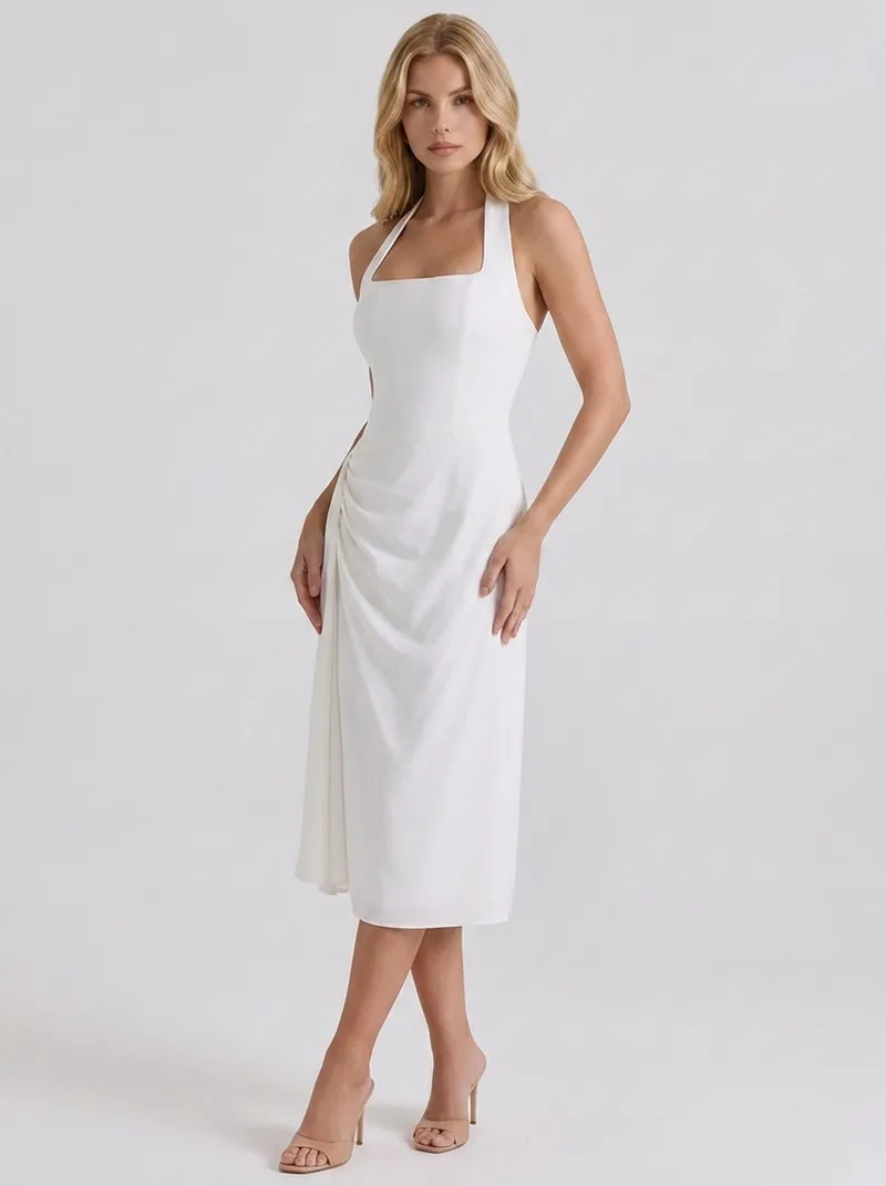 Mia Halter Square Neck Midi Dress - White