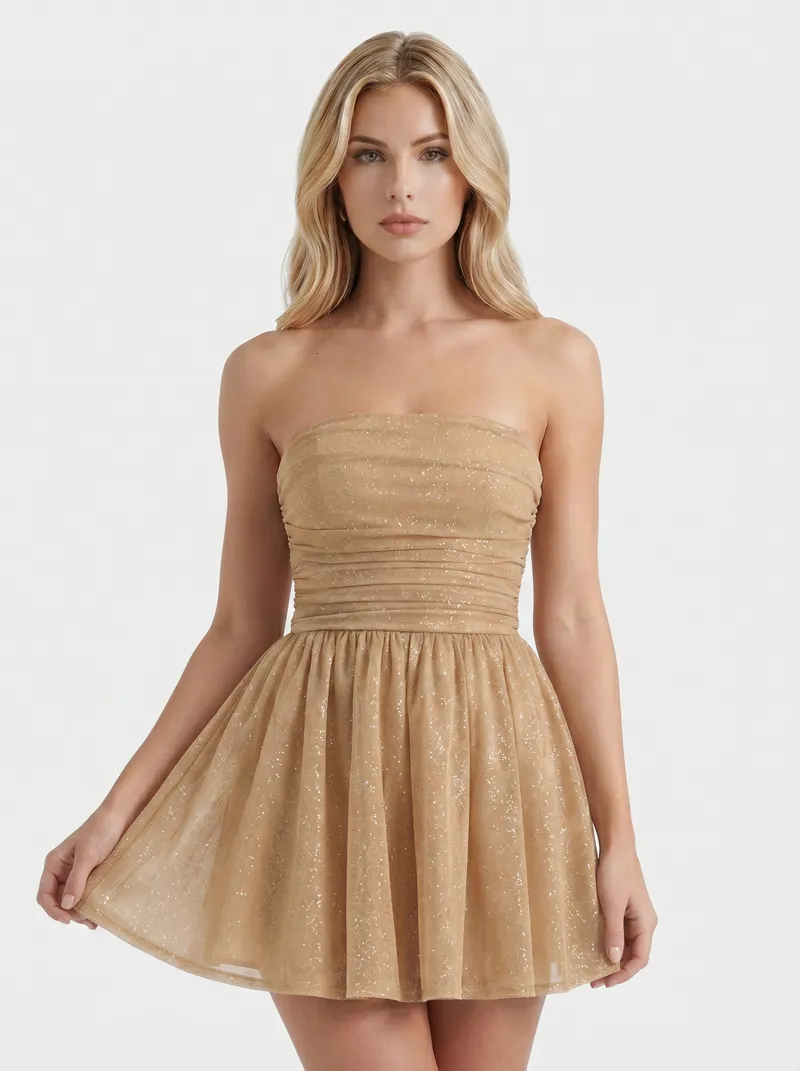Katrina Strapless Sequin Sparkle Mini Dress - Gold