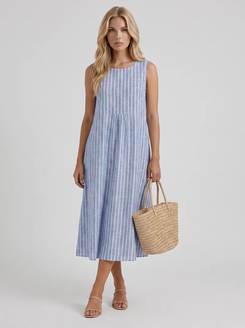 Elara Printed Midi Dress - Light Blue Stripe