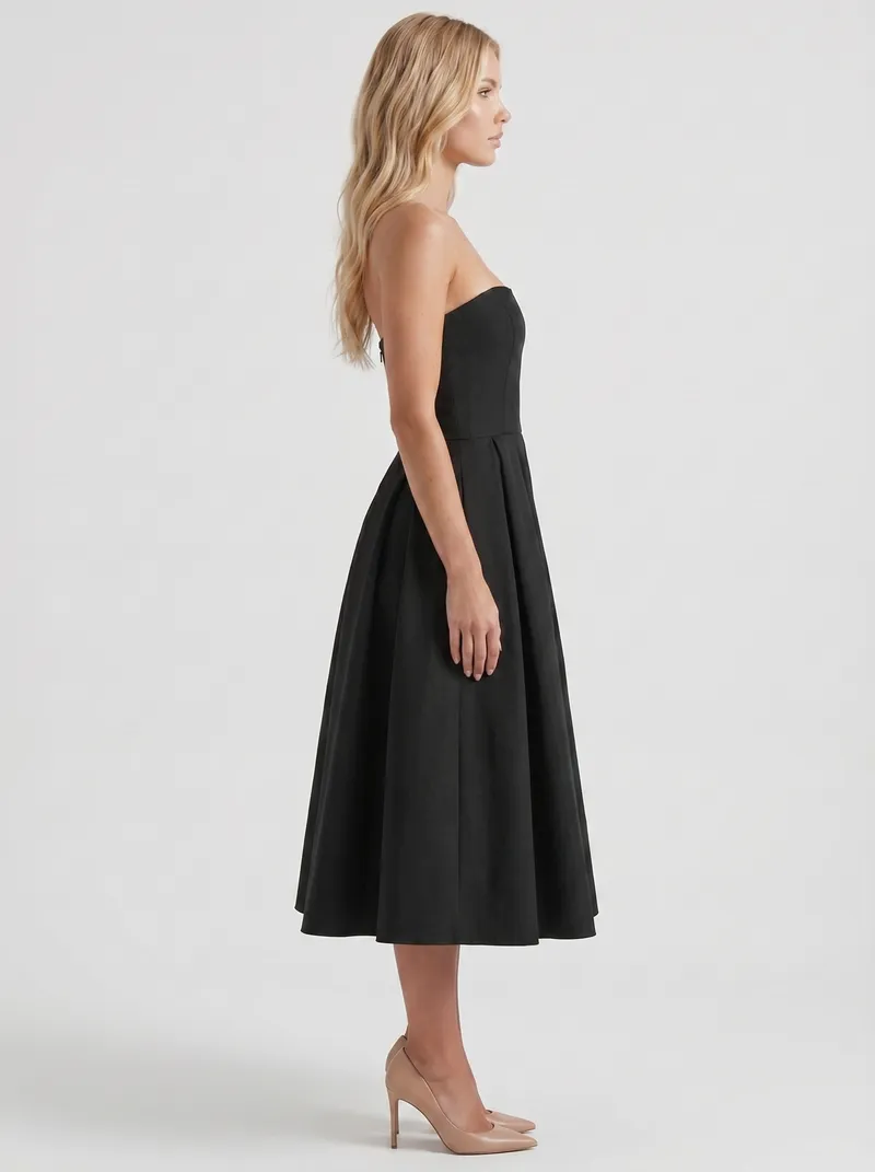 Audrey Strapless Pleated A Line Midi Dress - Black