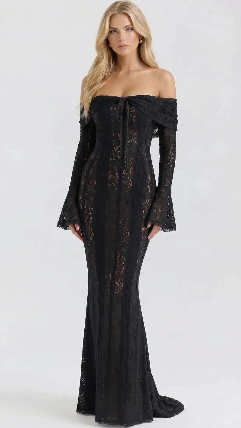Rebekah Lace Off-Shoulder Maxi Dress - Black