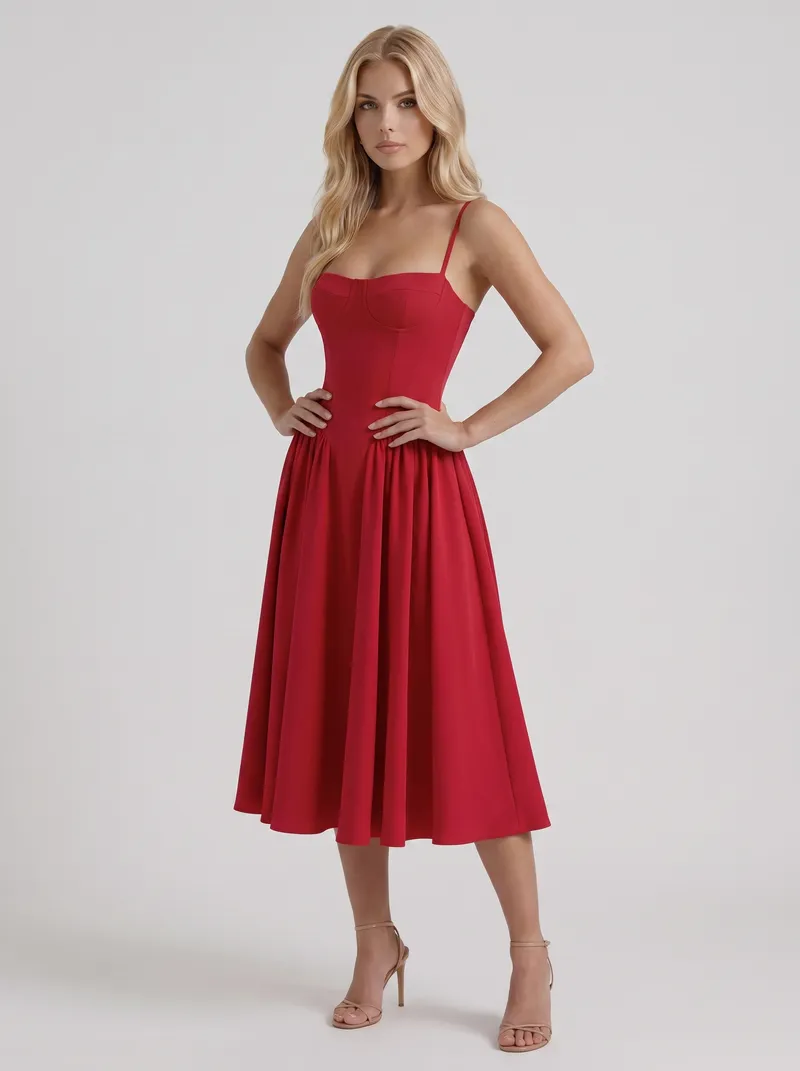 Francesca Sweetheart Ruched Midi Dress - Red