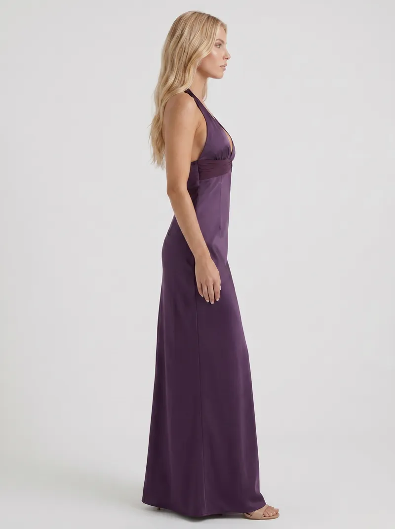 Saskia Halter V Plunge Satin Bodycon Maxi Dress - Purple