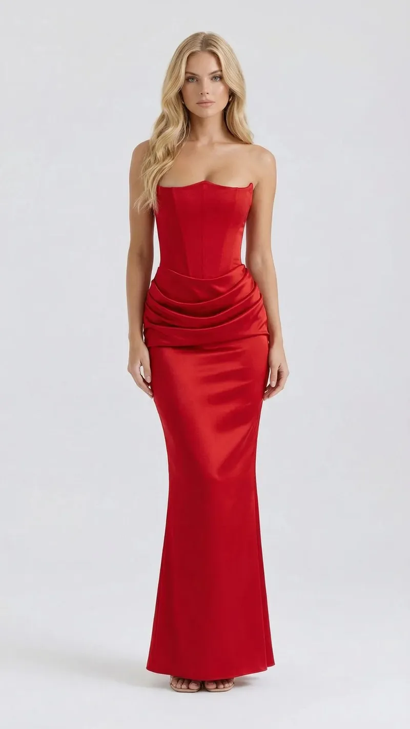 Scarlet Corset Strapless Maxi Dress - Red