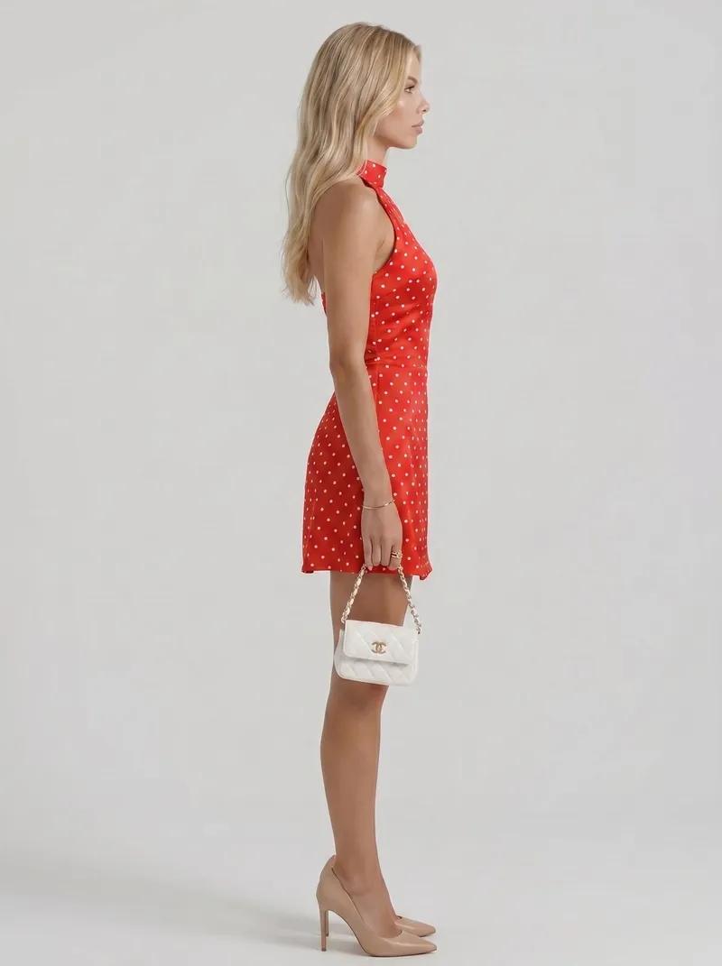 Layla High Neck Halter Polka Dot Mini Dress - Red