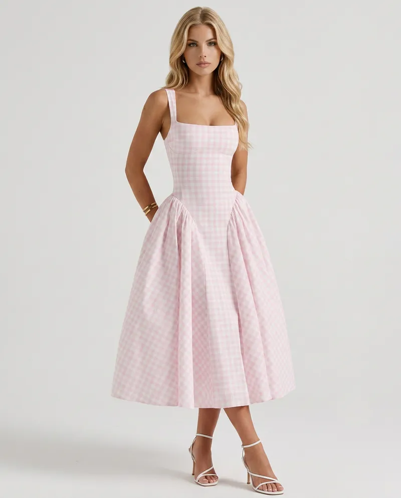 Sherrie Gingham Midi Dress - Blush
