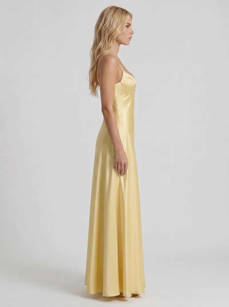 Adelaide V Neck Satin A Line Maxi Dress - Lemon