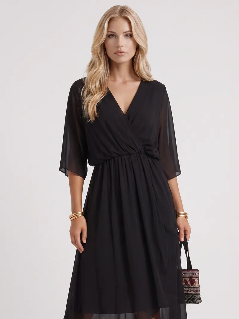 Lucienne Wrap Midi Dress - Black