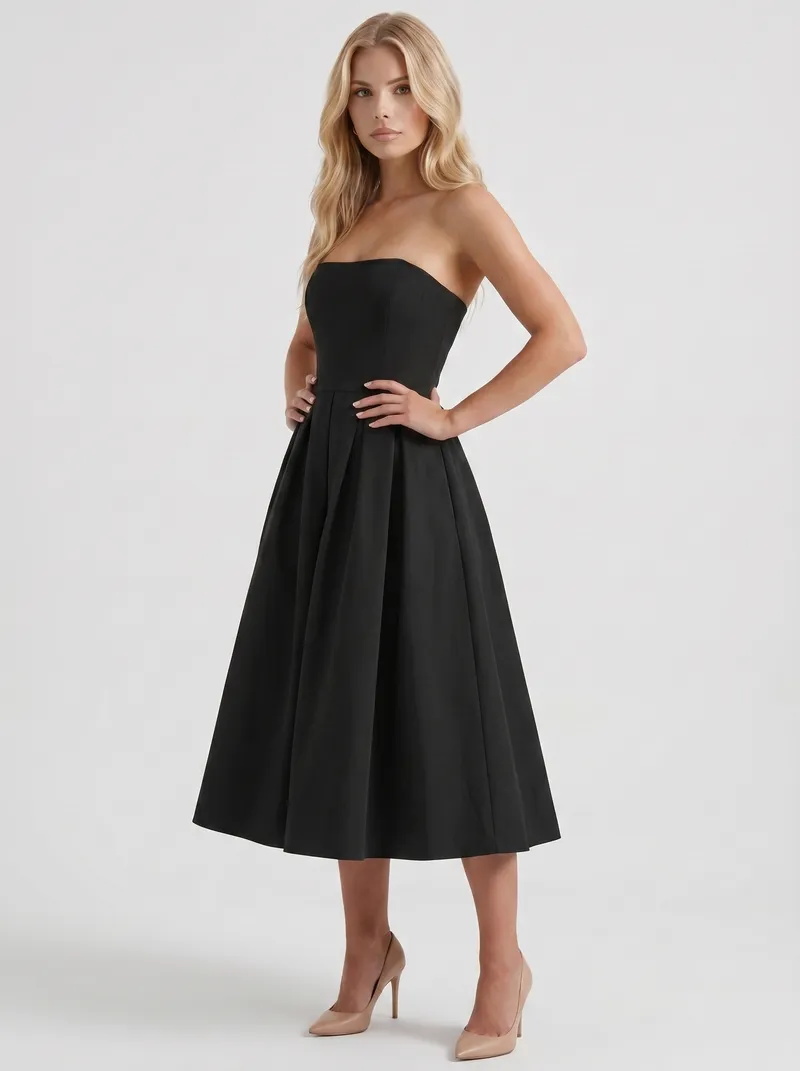 Audrey Strapless Pleated A Line Midi Dress - Black
