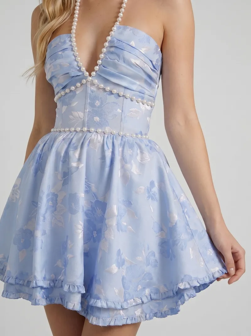 Vienna Pearl Halter Baroque Bubble Mini Dress - Chambray Blue