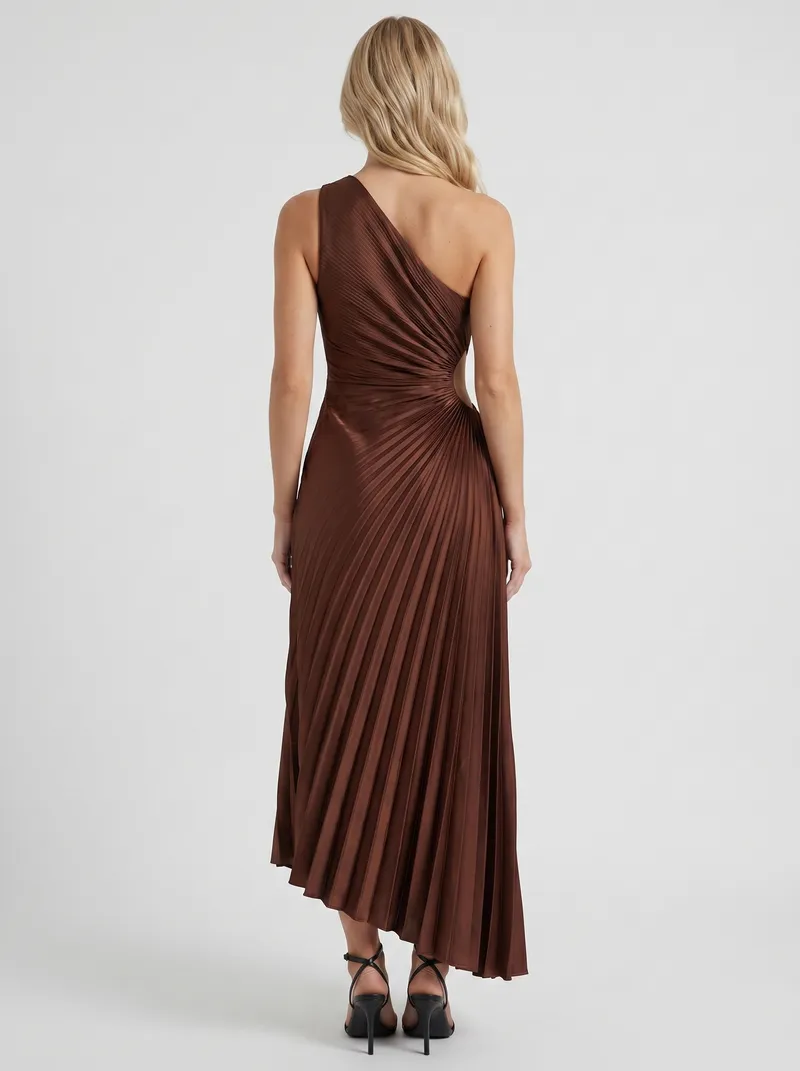 Opaline One Shoulder Sunray Pleated Maxi Dress - Chocolate