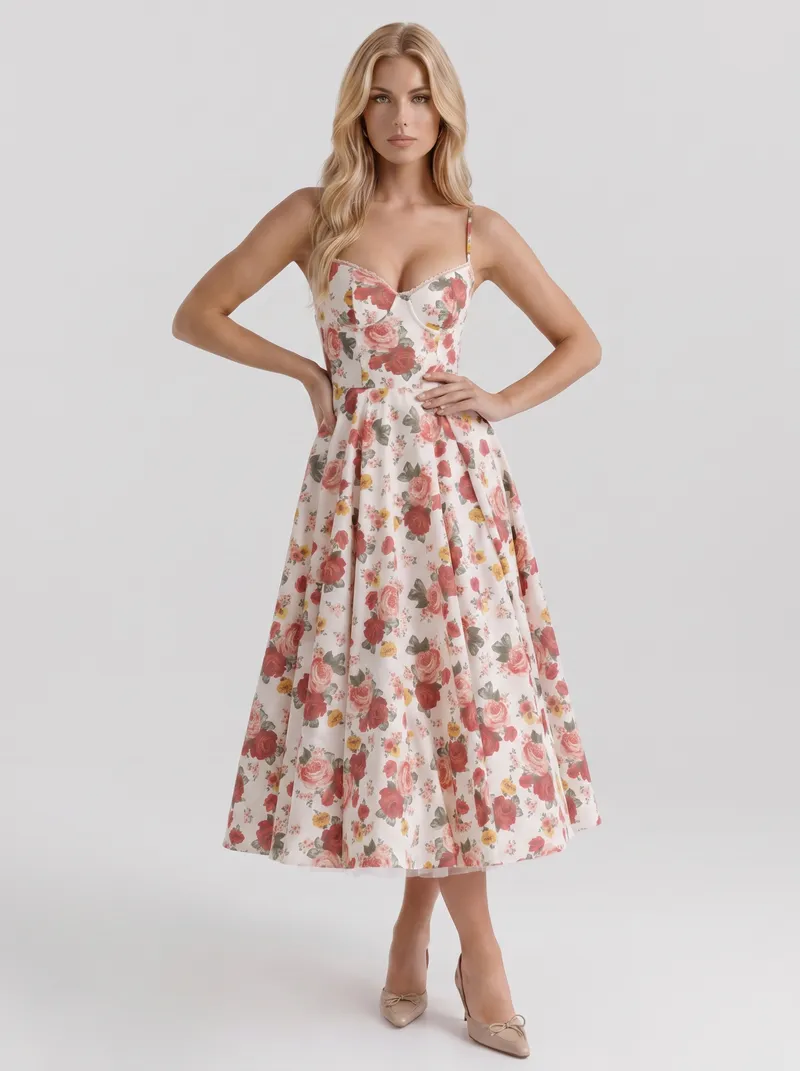 Estelle Sweetheart Corset Midi Dress - Floral