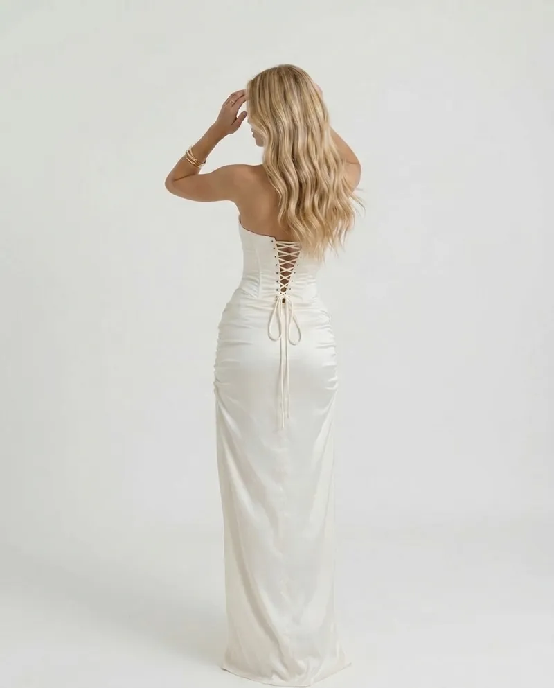 Cleo Strapless Corset Satin Maxi Dress - White