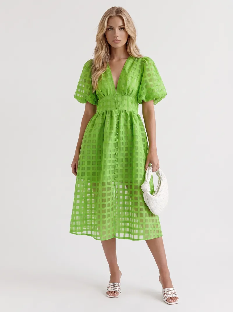 Colette Windowpane Midi Dress - Green